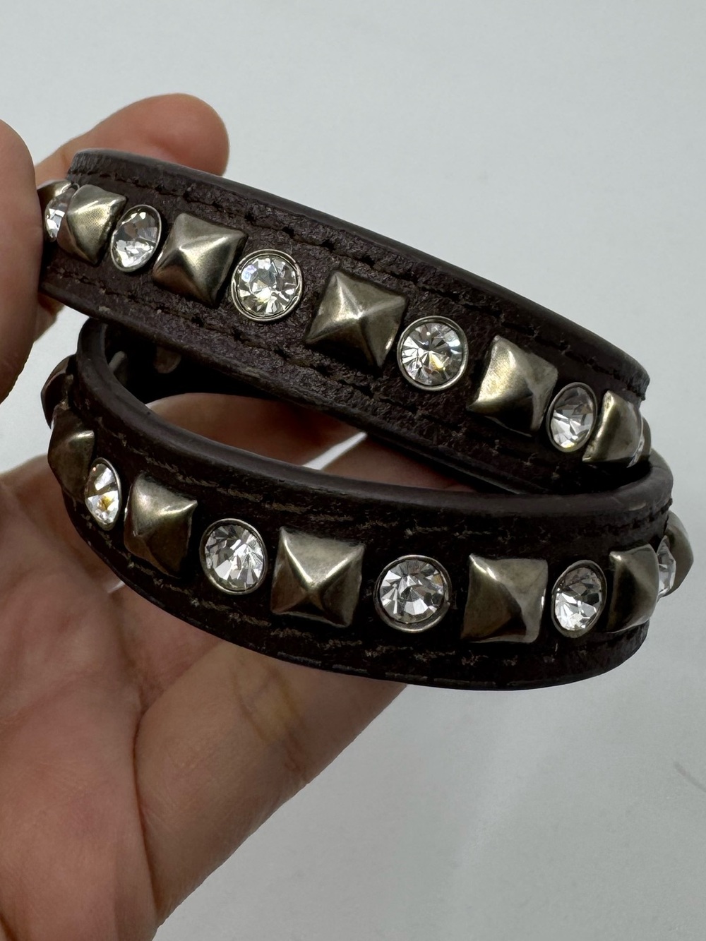 Double Wrap Pyramid Studded Bracelet w/Rhinestone Accents